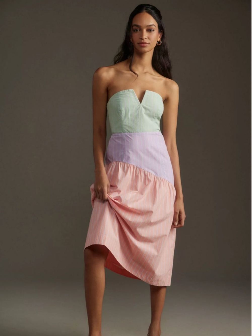 Anthropologie Maeve Colorblock Strapless Midi Dress | Mint Pink Lavender | S